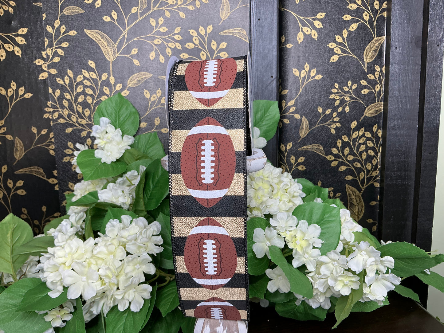 Black/Gold Stripes with Footballs Ribbon
