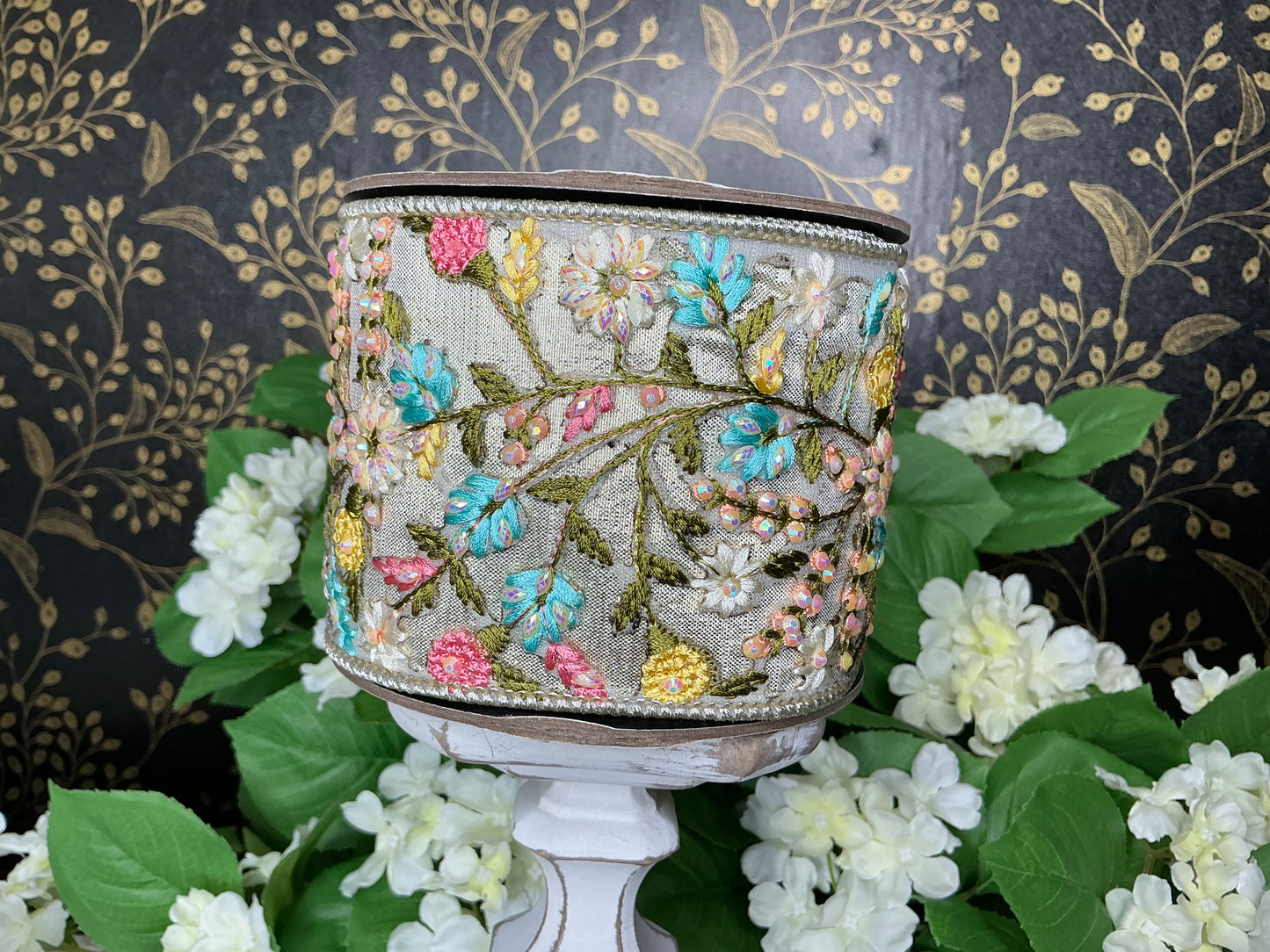 Floral embroided beaded ribbon - d stevens - 05-1763