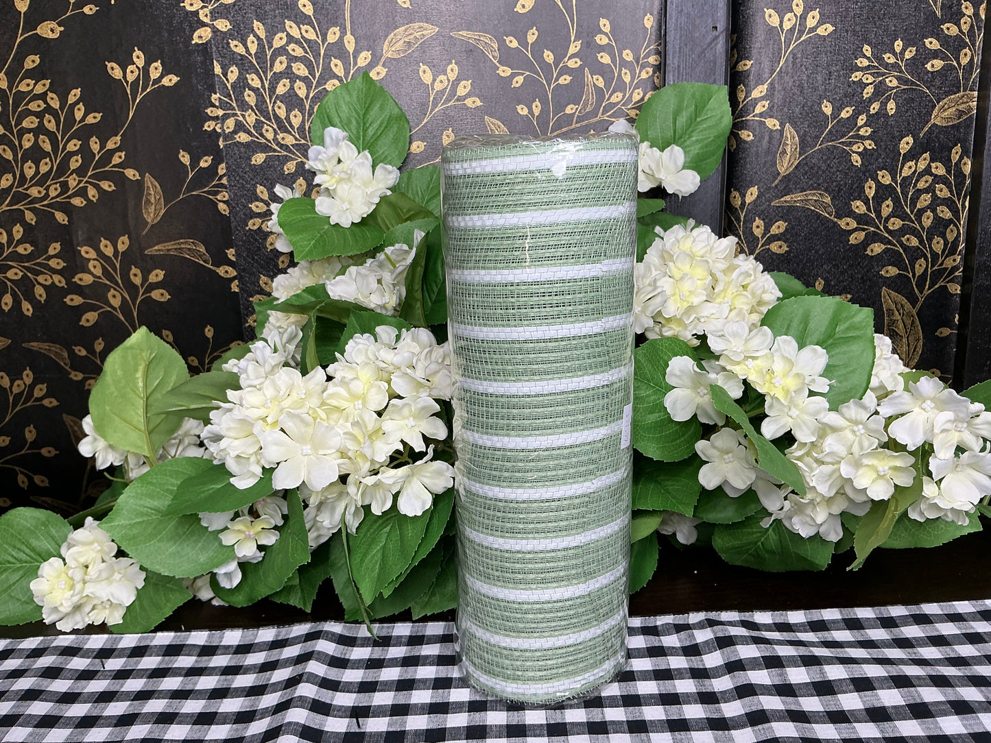 Sage Mesh with thin white stripes