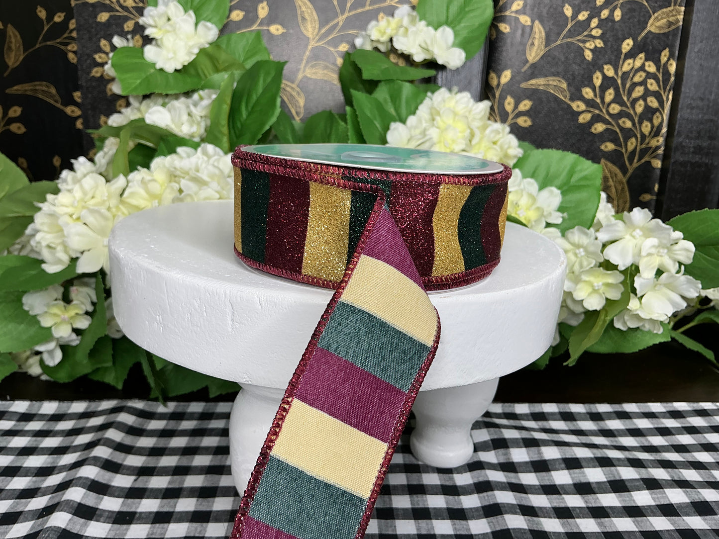 Burgundy/Gold/Hunter Green Stripe Ribbon - 1.5”