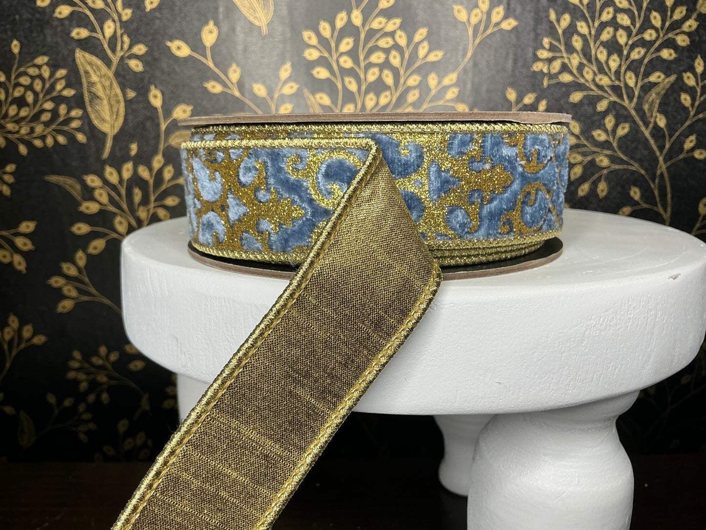 Dusty Blue Velvet/Gold Treillage Ribbon - d stevens