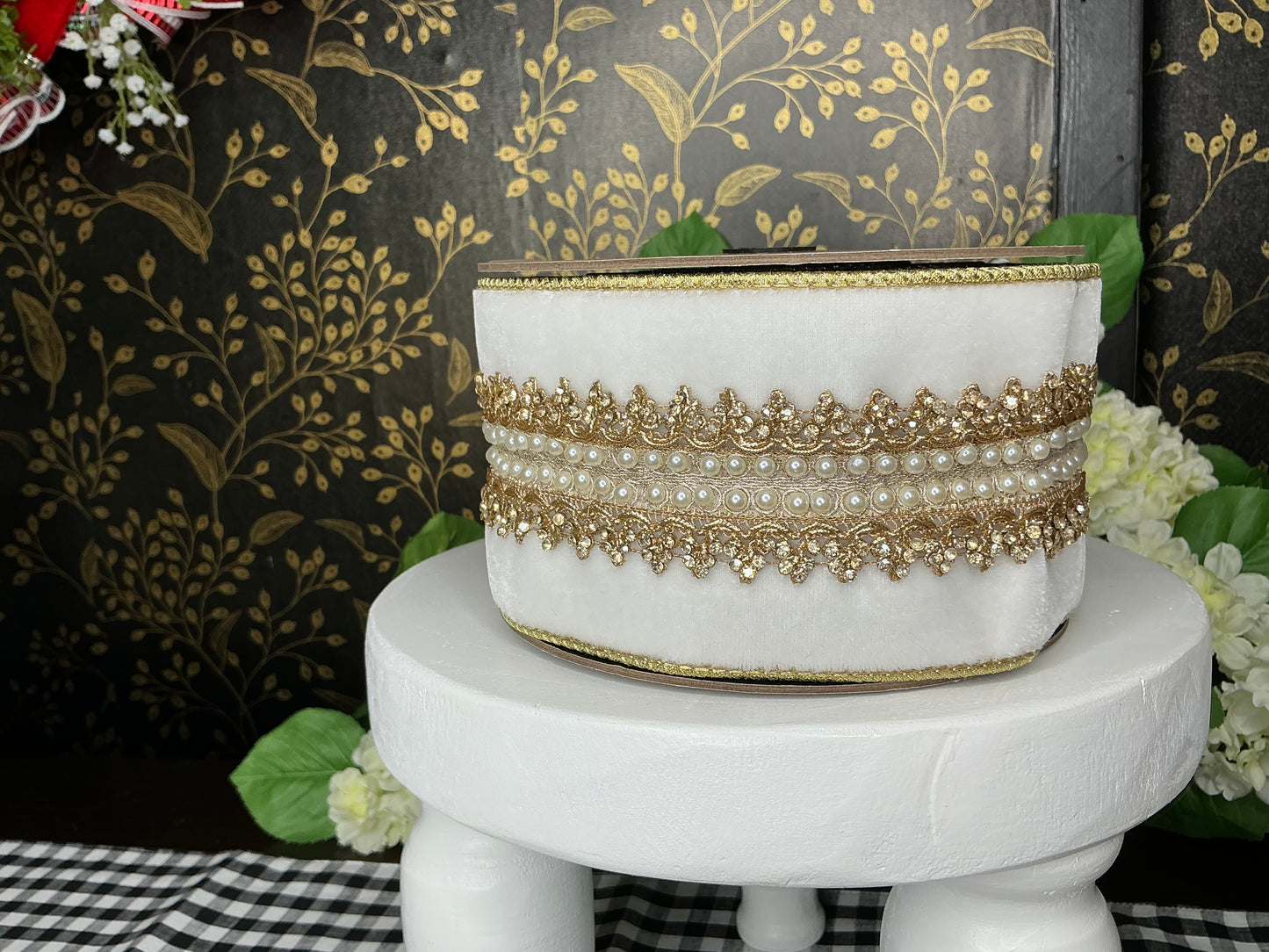 White Velvet ribbon with jewel and pearl trim - d stevens