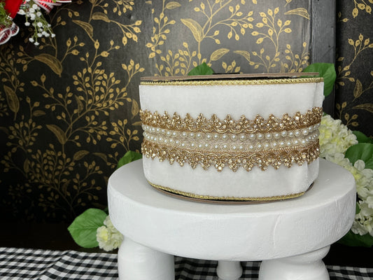 White Velvet ribbon with jewel and pearl trim - d stevens