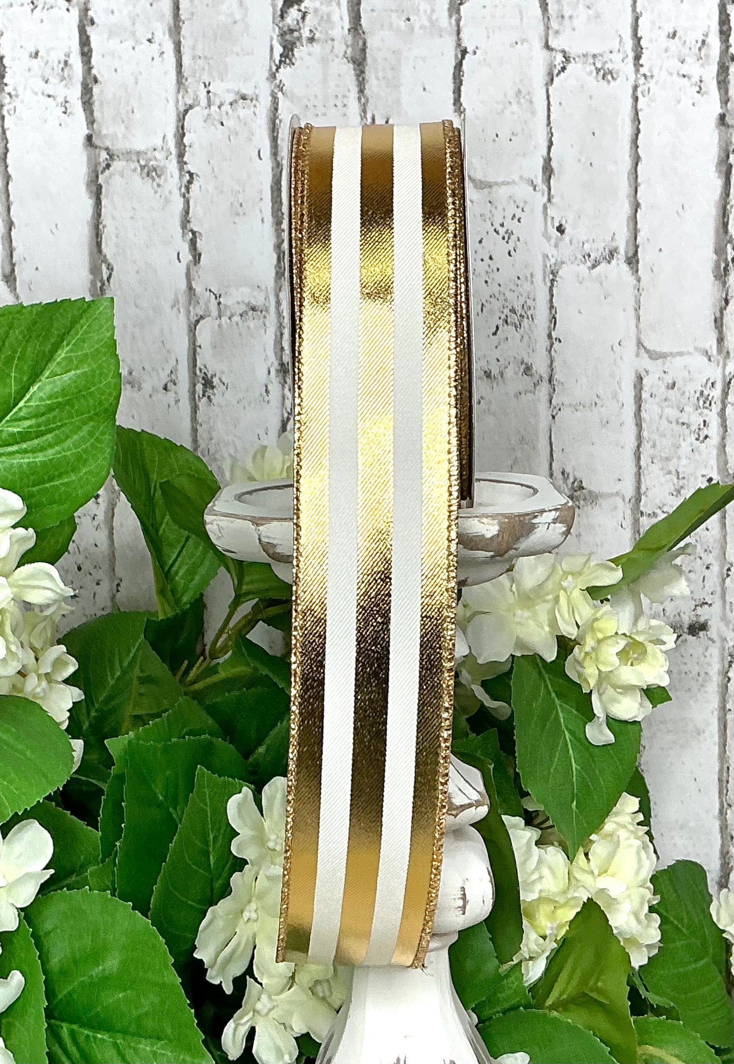 White and Metallic Gold Striped Ribbon, 1.5”x10YD, RGE142830