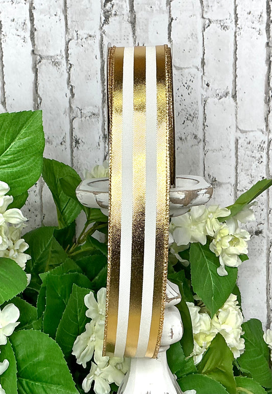 White and Metallic Gold Striped Ribbon, 1.5”x10YD, RGE142830