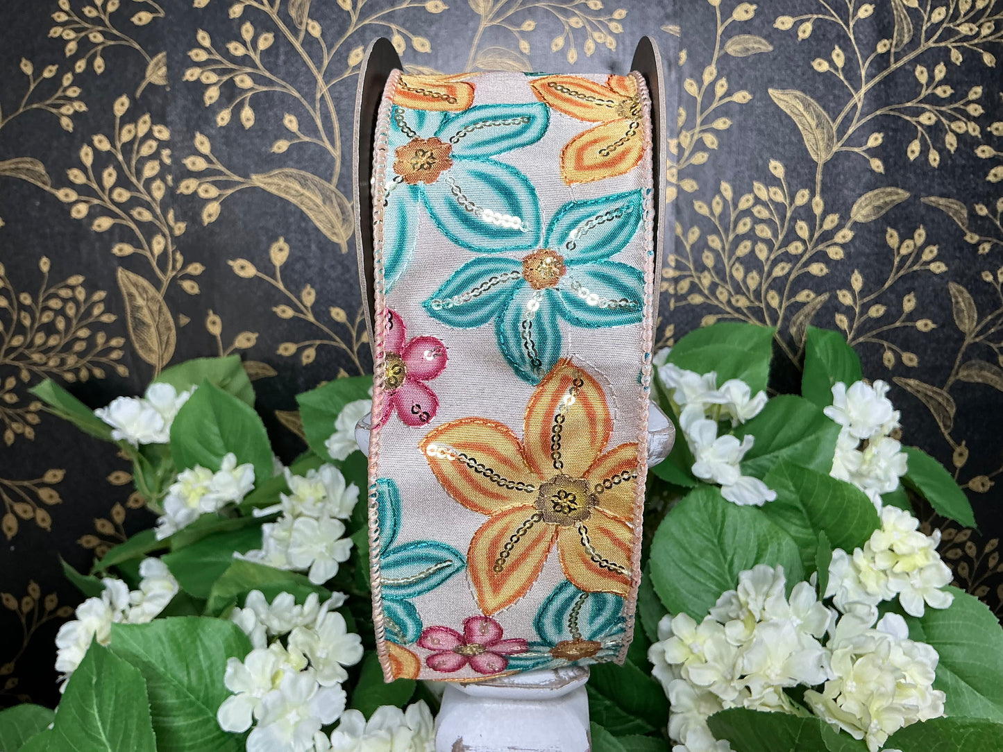 Yellow/Teal/Pink floral Ribbon - d stevens - 88-5059
