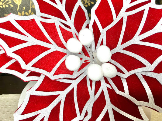 Red velvet/White felt poinsettia, XS419534