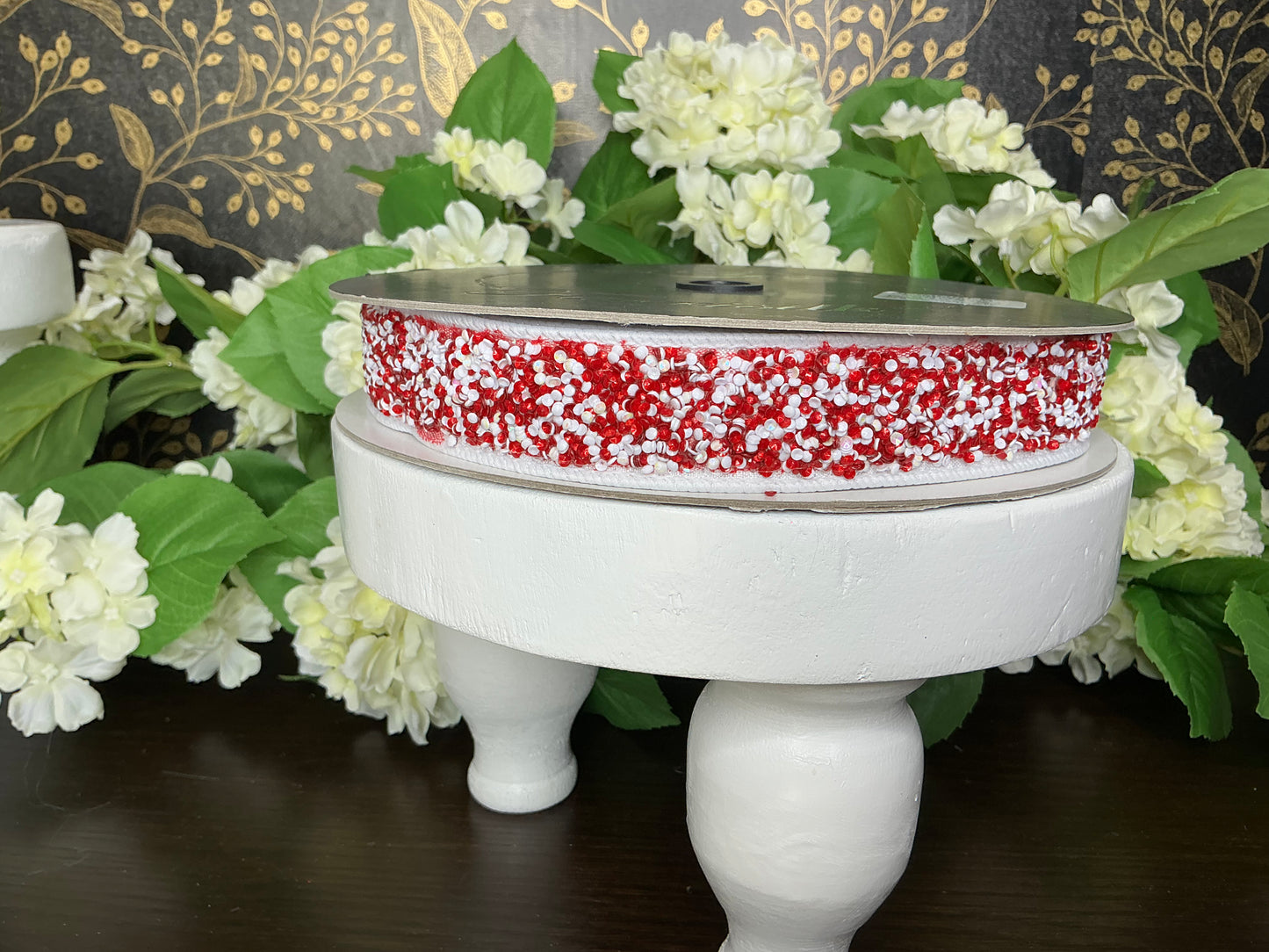 Red and white sparkle ribbon, Farrisilk designer ribbon, RK333-57