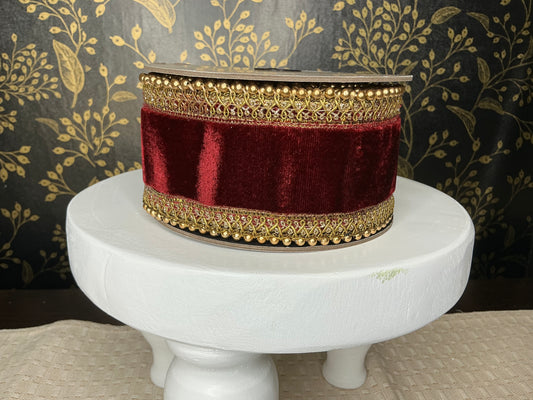 Burgundy Ribbon with gold bead trim, d stevens designer ribbon, 05-1989