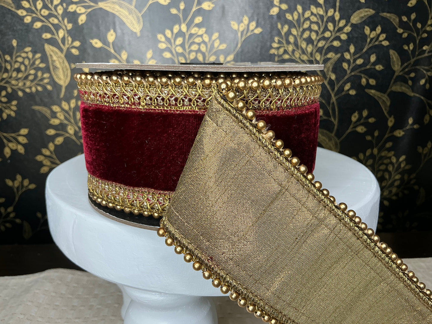 Burgundy Ribbon with gold bead trim, d stevens designer ribbon, 05-1989