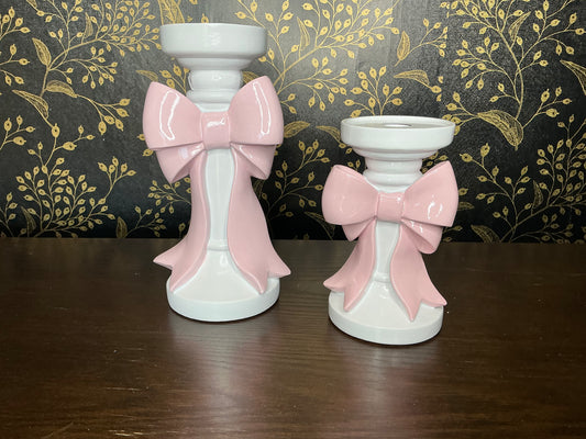 White candle holders with pink bows set - MT26654