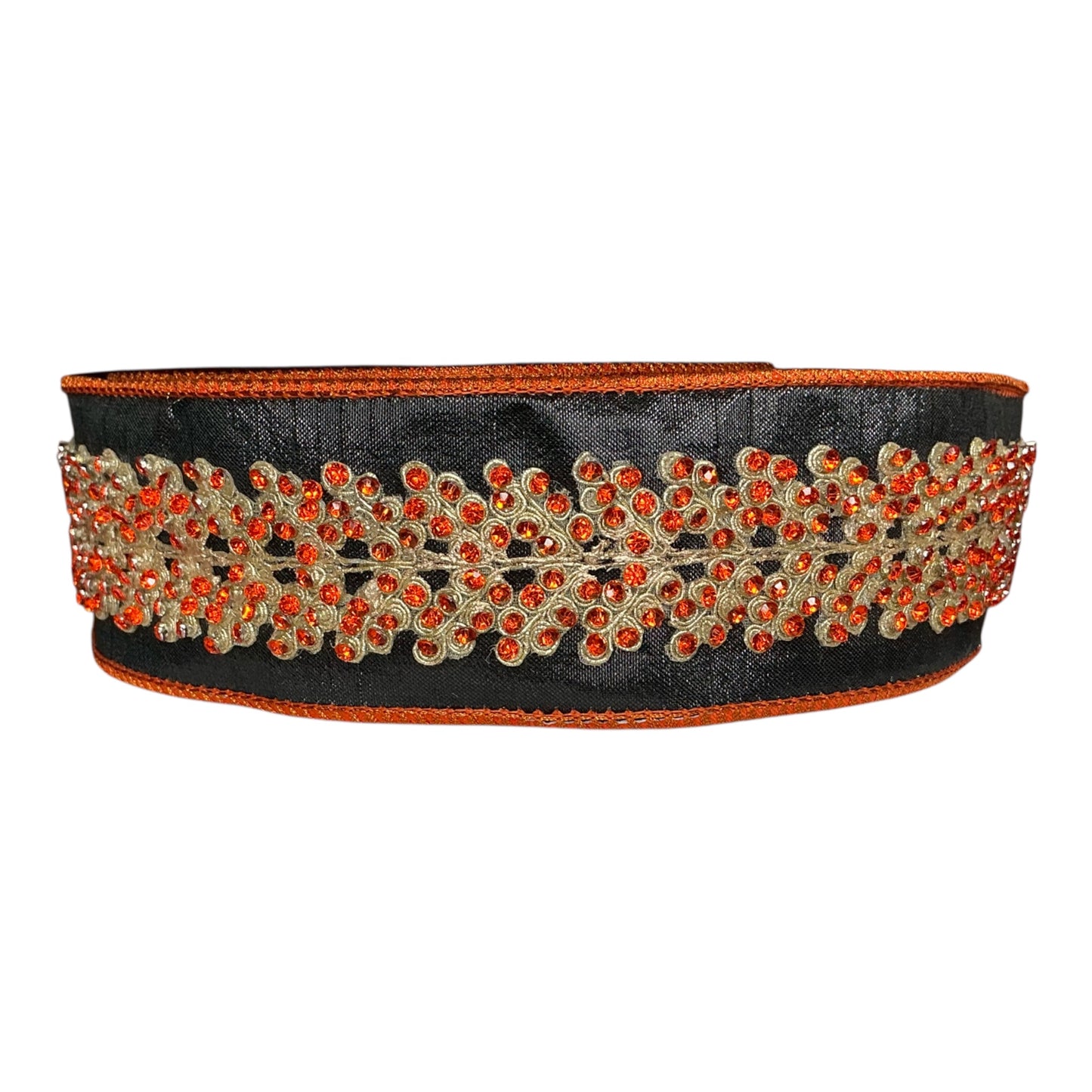 Black ribbon with orange jewel trim