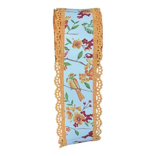 Birds with Flowers Ribbon/Mustard lace