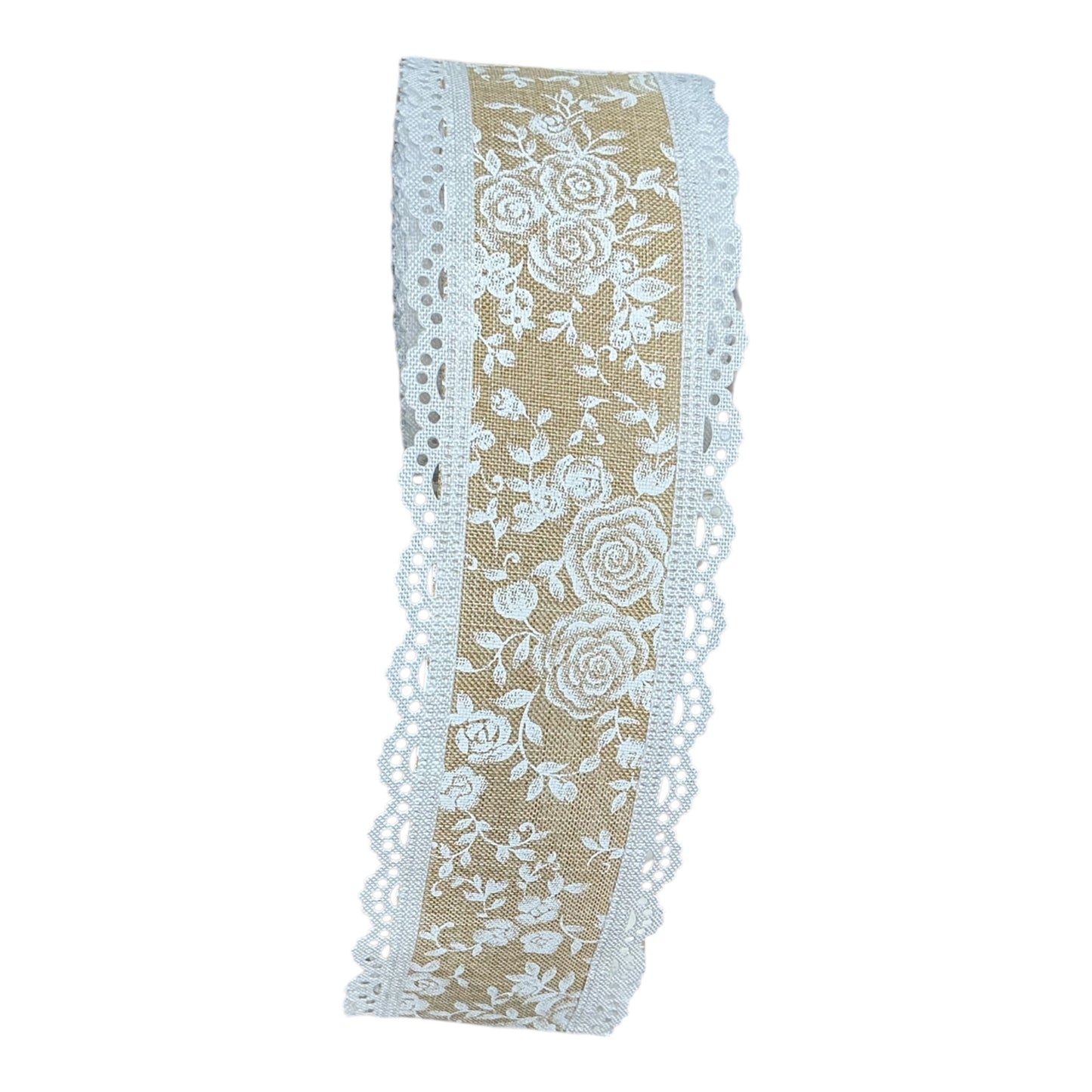Burlap Ribbon with White rose pattern and white lace