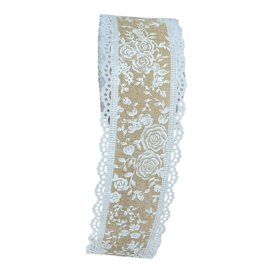 Burlap Ribbon with White rose pattern and white lace