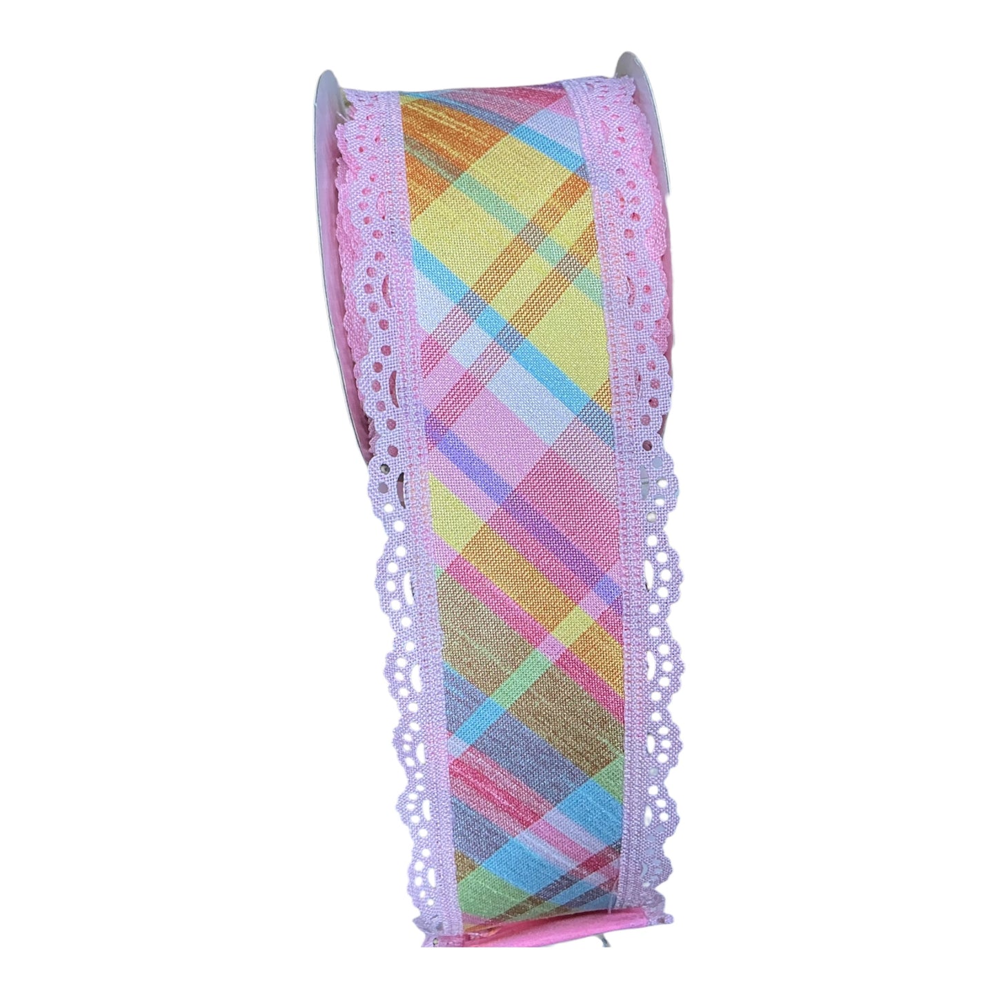 Pastel Plaid ribbon with pink lace edge