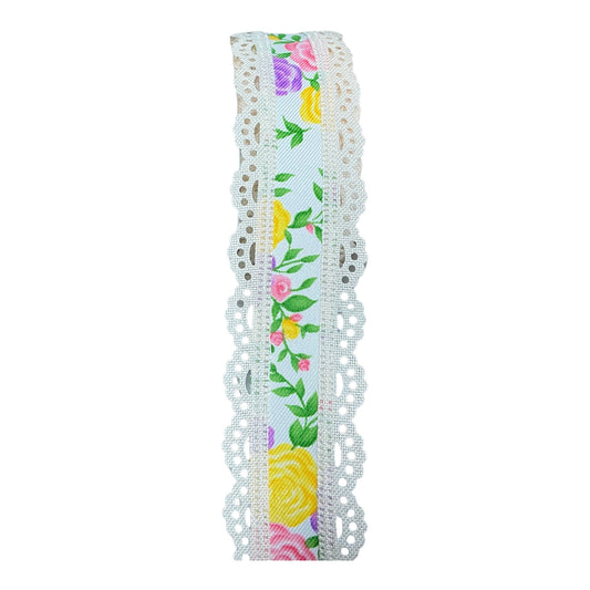Colorful Rose ribbon with Ivory lace