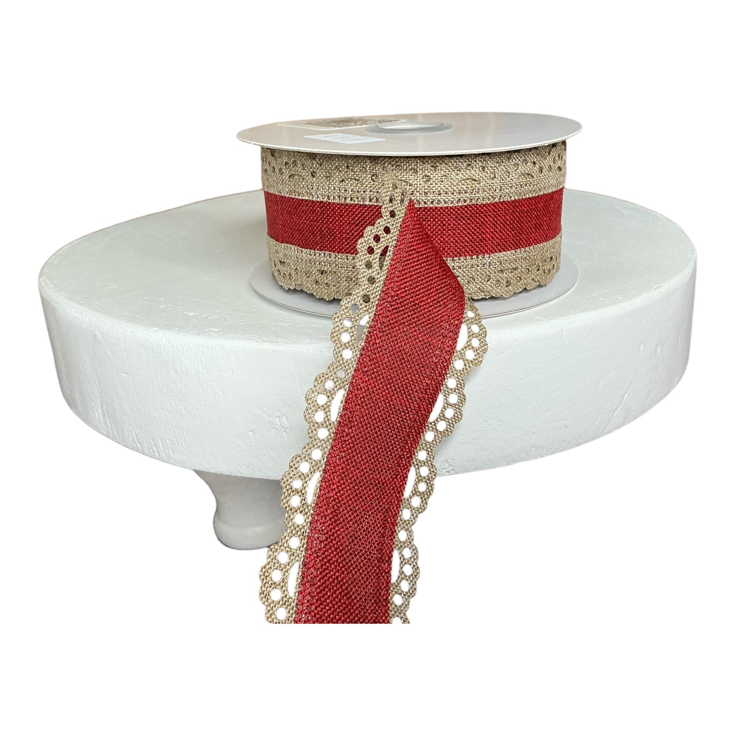 Red Ribbon with Tan Lace
