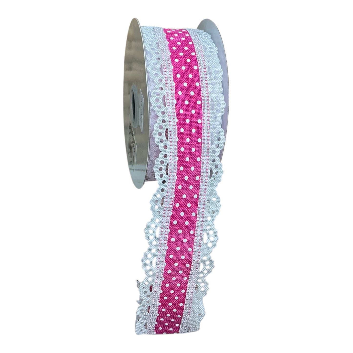 Pink Ribbon with white dots and white lace