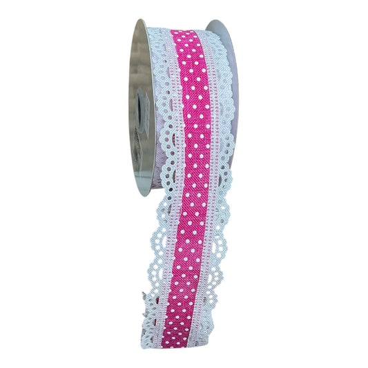 Pink Ribbon with white dots and white lace