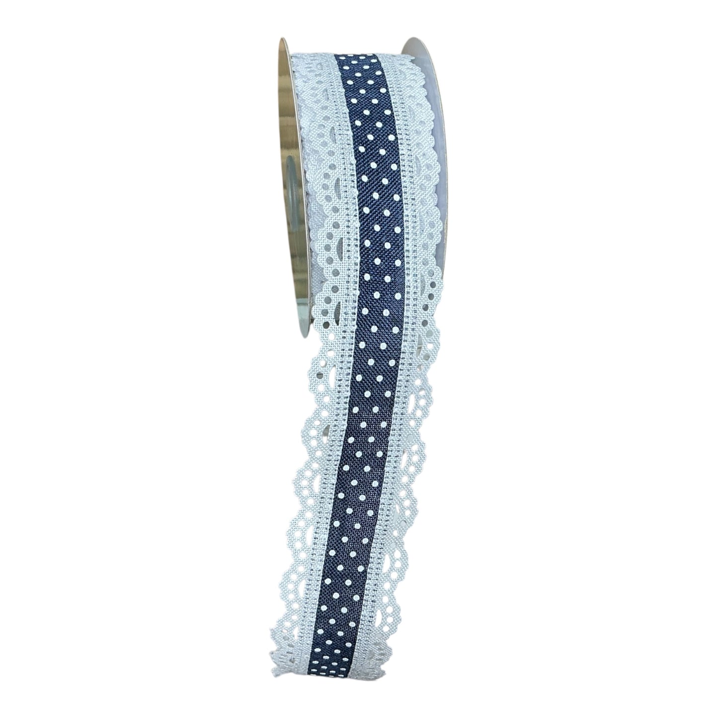 Navy Blue Ribbon with White dots and white lace