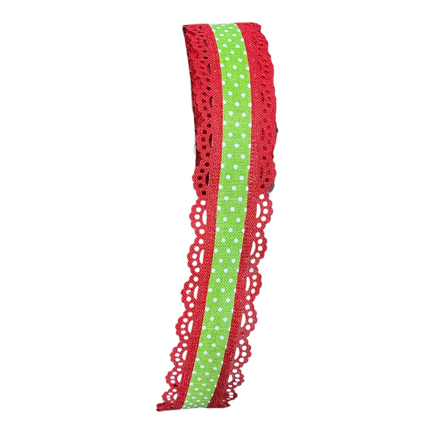 Lime green ribbon with white dots and red lace