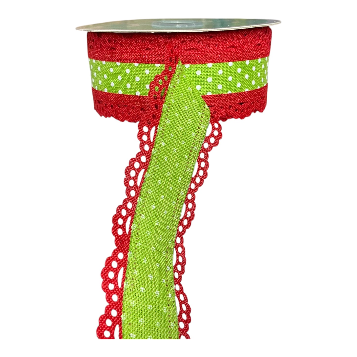 Lime green ribbon with white dots and red lace