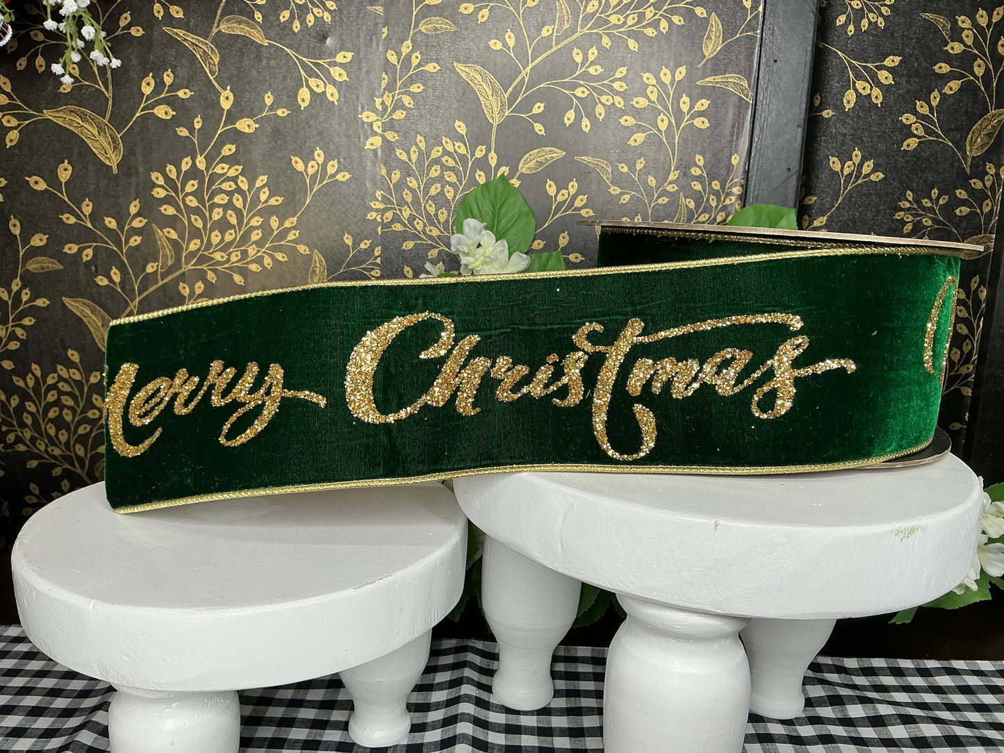Emerald Green Velvet Ribbon with “Merry Christmas” - D Stevens