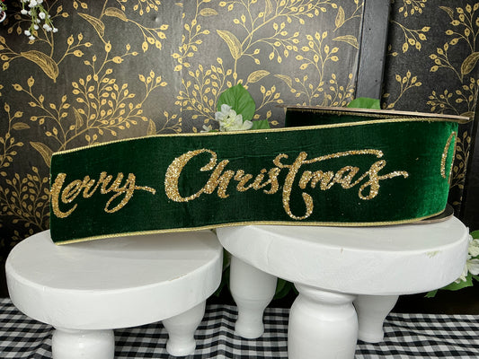 Emerald Green Velvet Ribbon with “Merry Christmas” - D Stevens