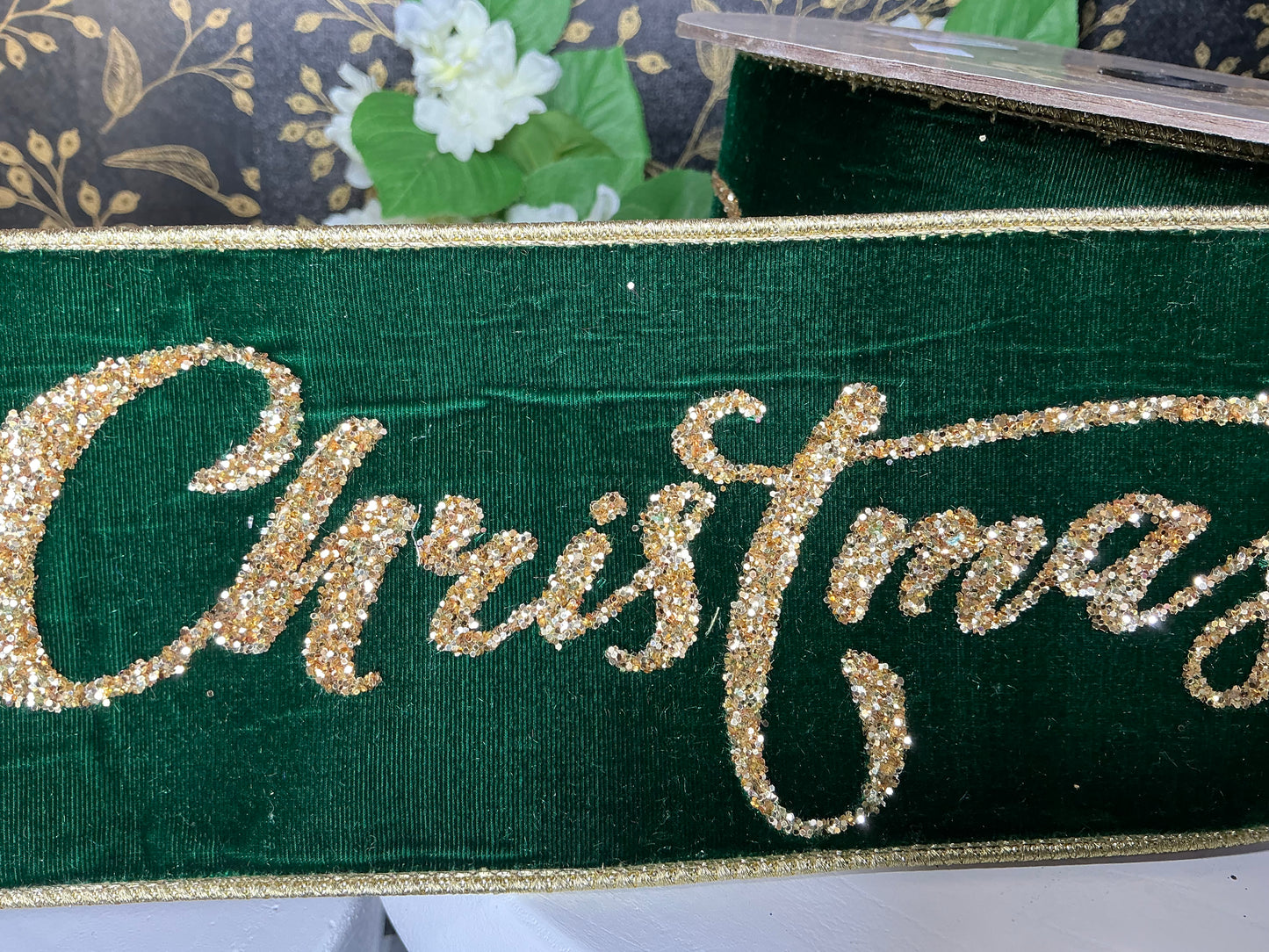 Emerald Green Velvet Ribbon with “Merry Christmas” - D Stevens