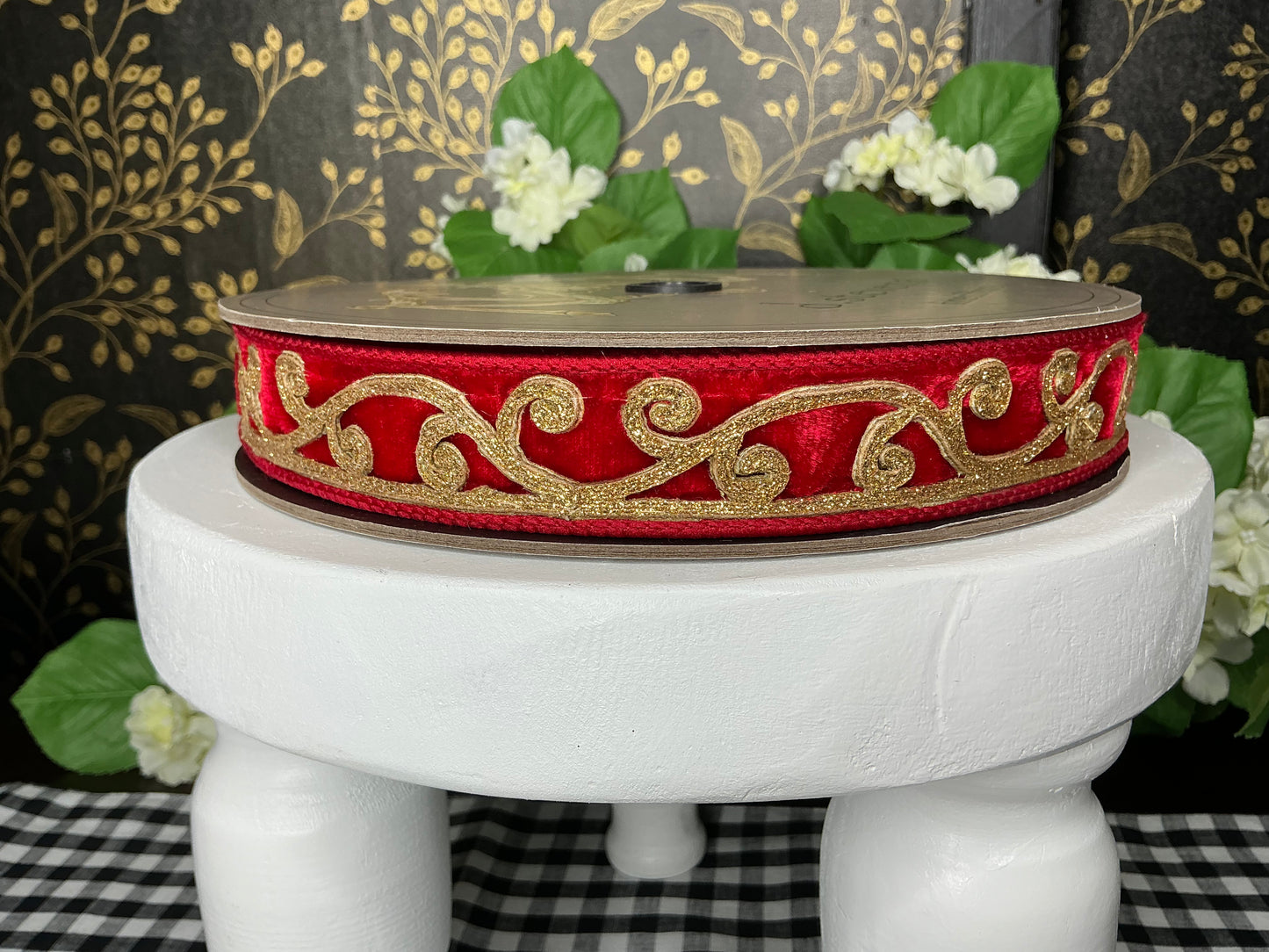 Red Velvet Ribbon with Gold Scroll Trim - d stevens