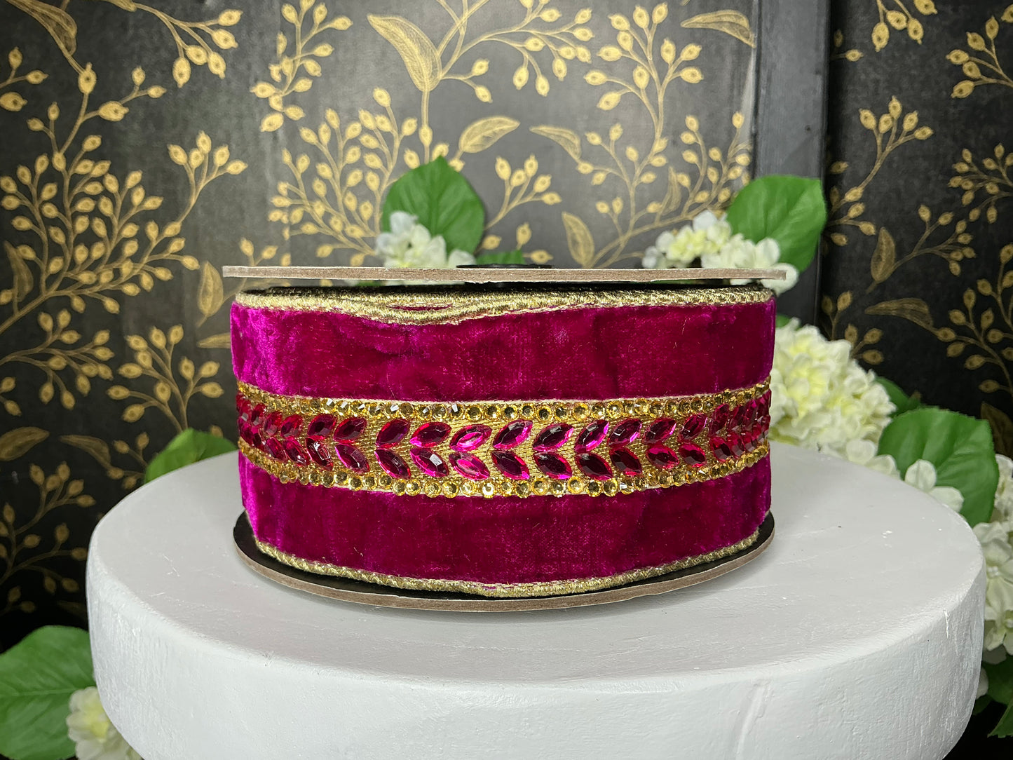 Fuchsia Velvet Ribbon with Gold Jewel Trim - d stevens