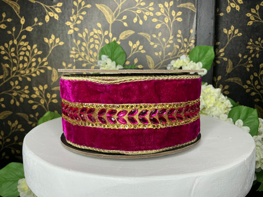 Fuchsia Velvet Ribbon with Gold Jewel Trim - d stevens