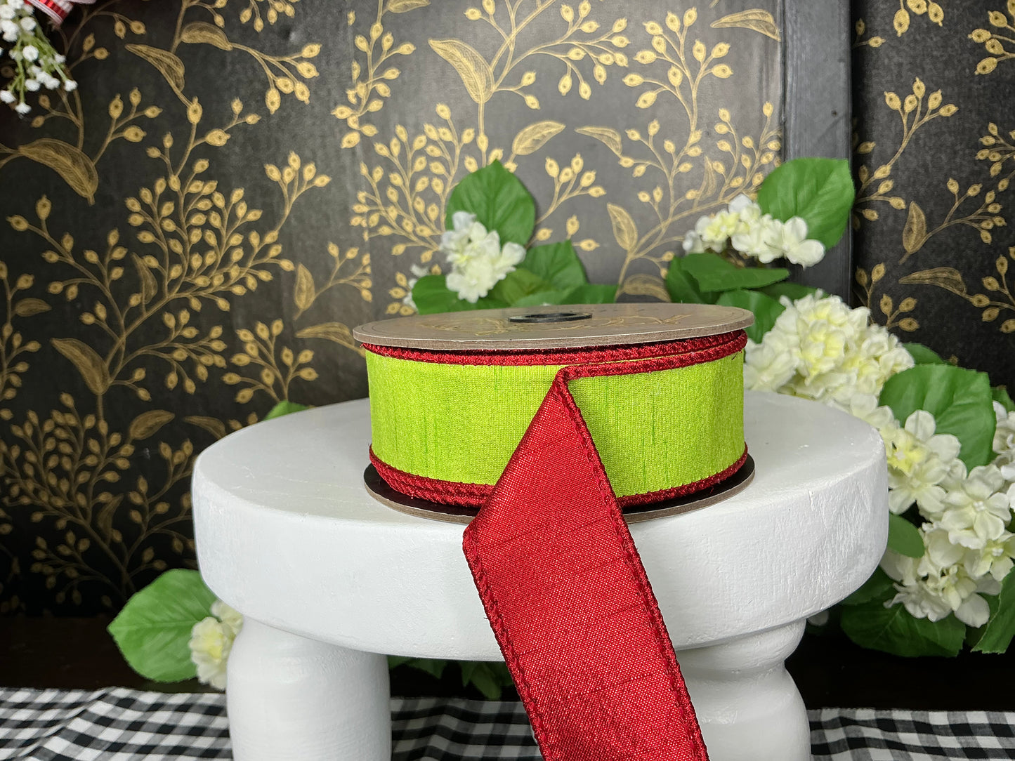 Lime Green Ribbon with red Edge and back - d stevens