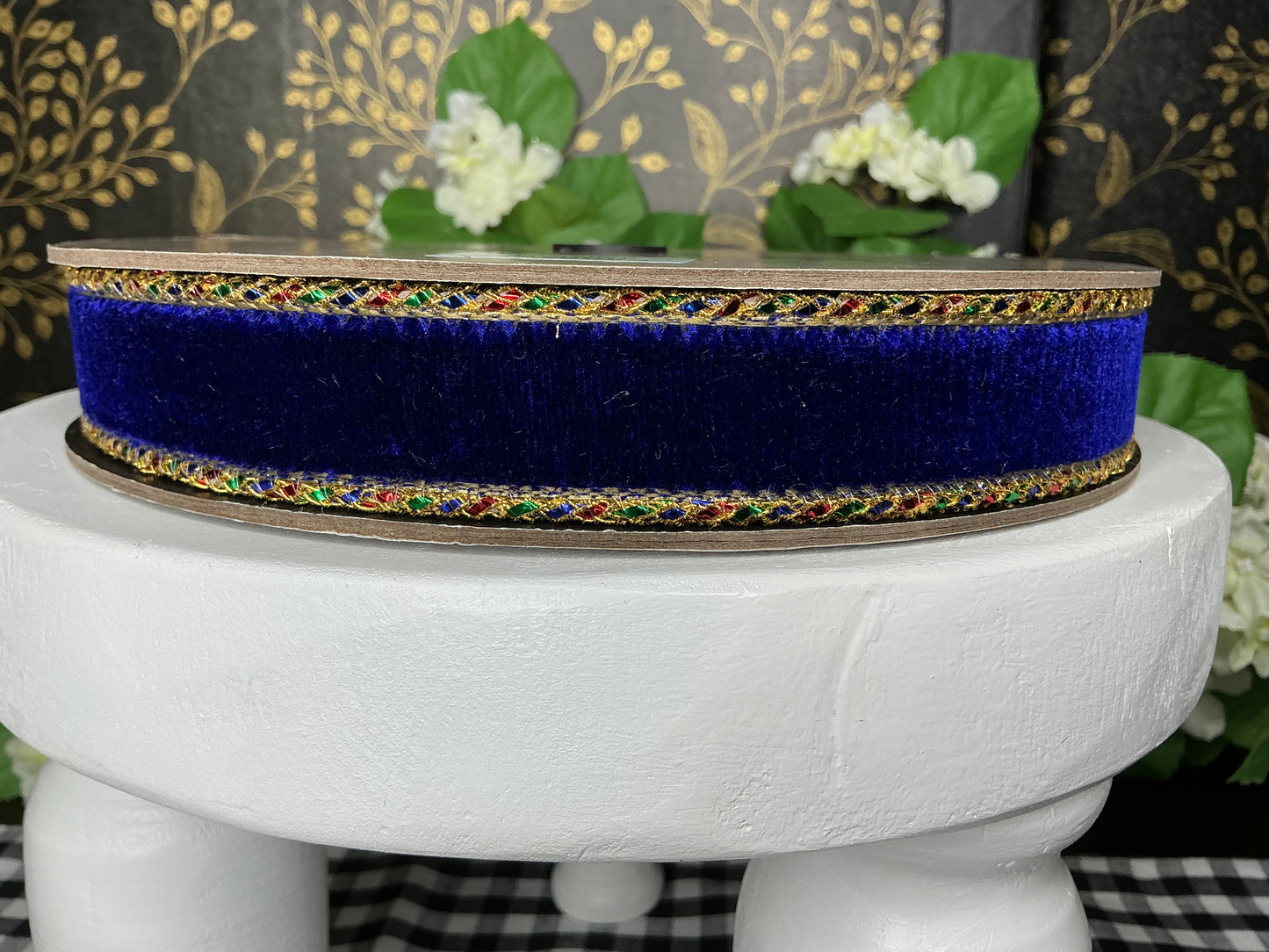 Cobalt Blue Velvet ribbon with gold back, Trim in red, blue, green, gold - d stevens
