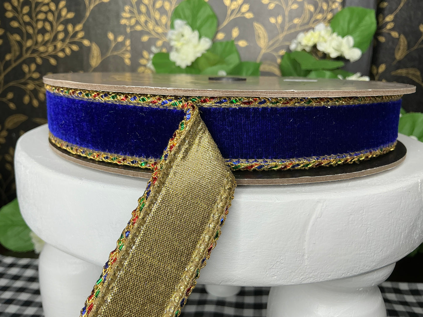 Cobalt Blue Velvet ribbon with gold back, Trim in red, blue, green, gold - d stevens