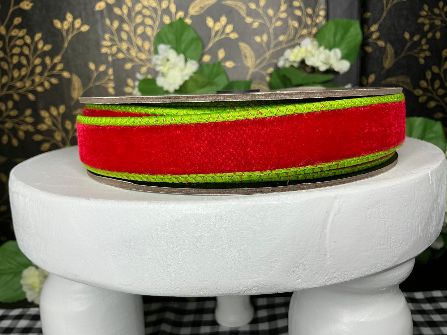 Red Velvet Ribbon With Lime Green, 1” - d stevens