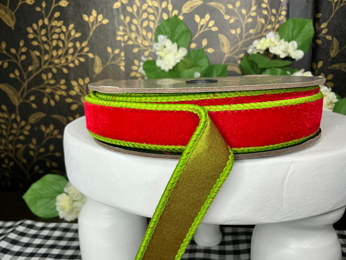 Red Velvet Ribbon With Lime Green, 1” - d stevens