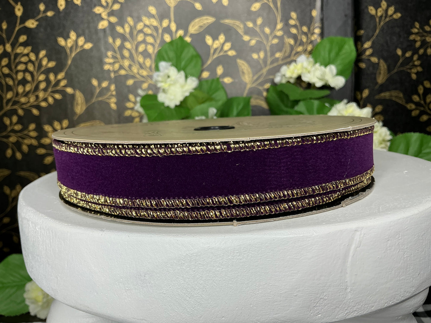 Eggplant Flocked Velvet Ribbon with Metallic Gold edge and back, 1” x 25YD - d stevens