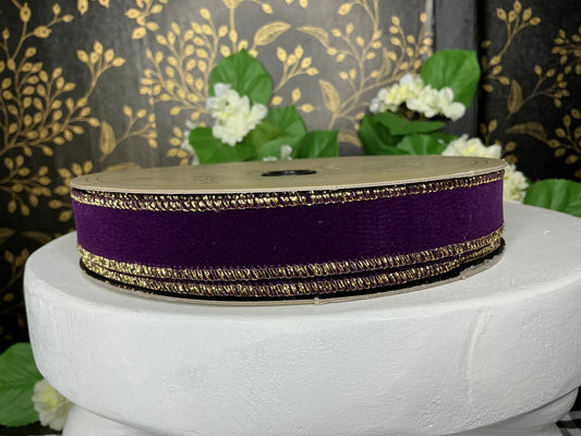 Eggplant Flocked Velvet Ribbon with Metallic Gold edge and back, 1” x 25YD - d stevens