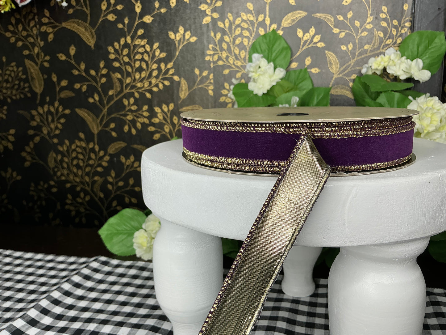 Eggplant Flocked Velvet Ribbon with Metallic Gold edge and back, 1” x 25YD - d stevens