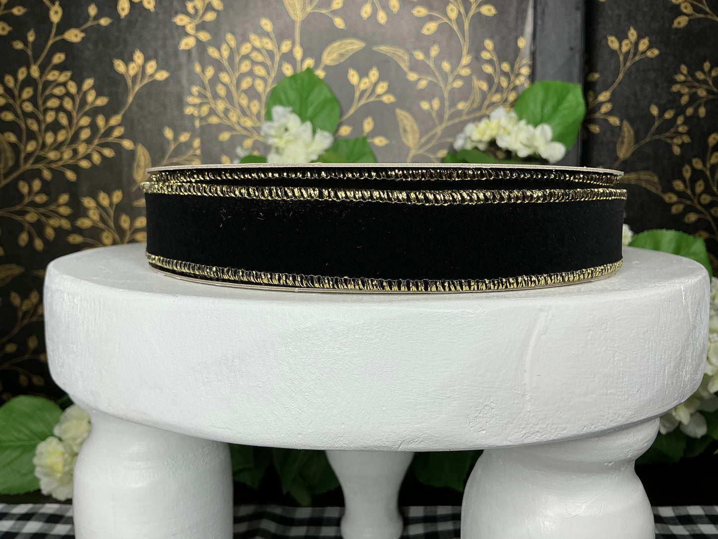 Black Flocked Velvet Ribbon with Metallic Gold, 1” x 25YD - d stevens