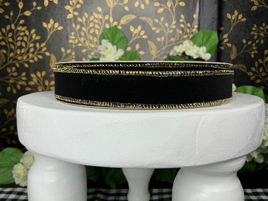 Black Flocked Velvet Ribbon with Metallic Gold, 1” x 25YD - d stevens