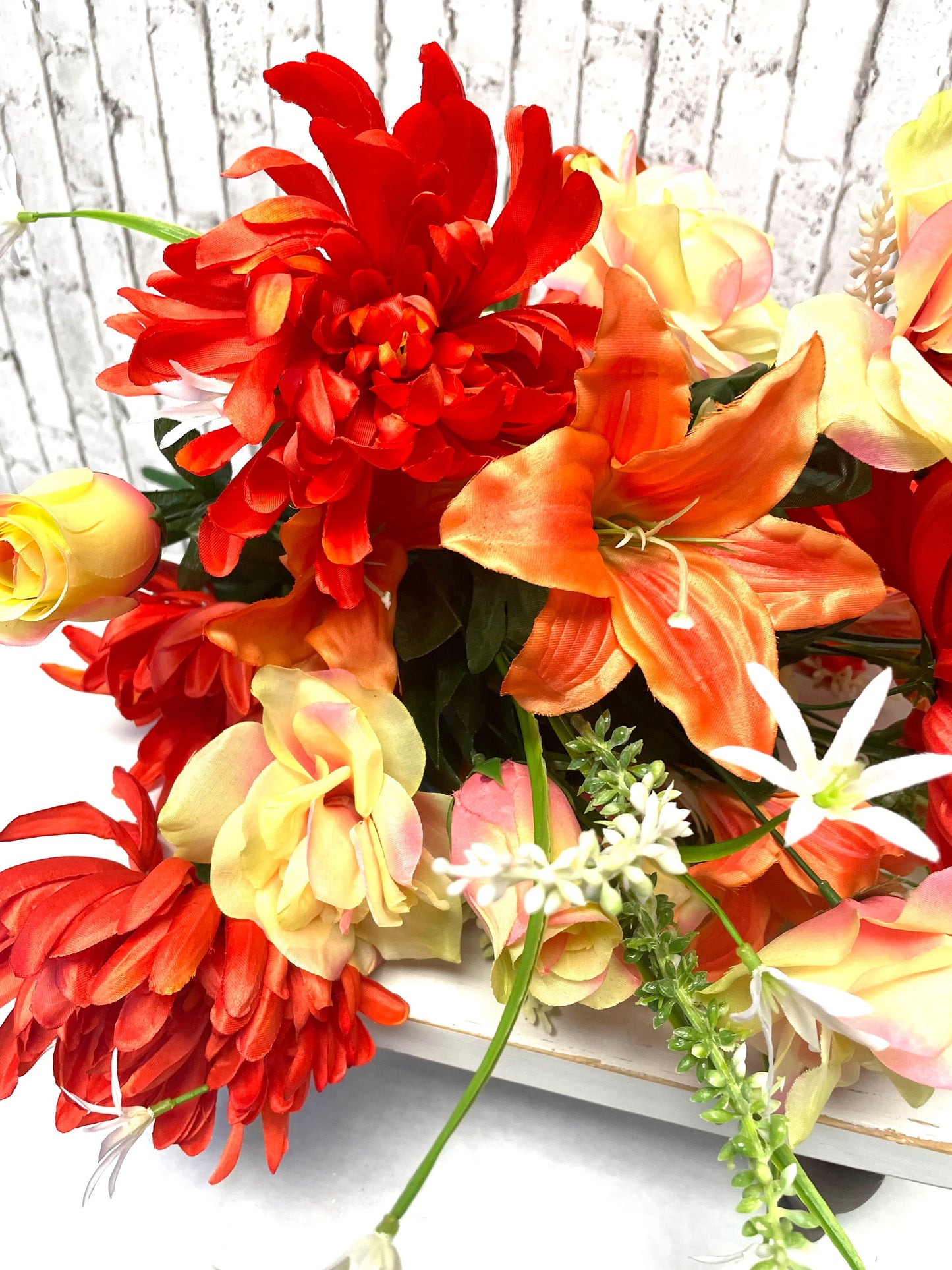 Mum Lily rose bush, 35101COOR, silk floral bush, orange silk flowers, orange silk bush, spring florals, summer florals