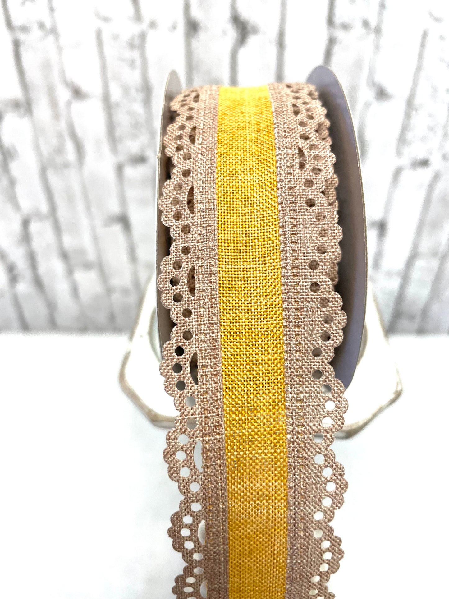 Everyday ribbon, RGA15418m, dark mustard burlap with beige edge, burlap ribbon, scalloped ribbon, spring ribbon, fall ribbon