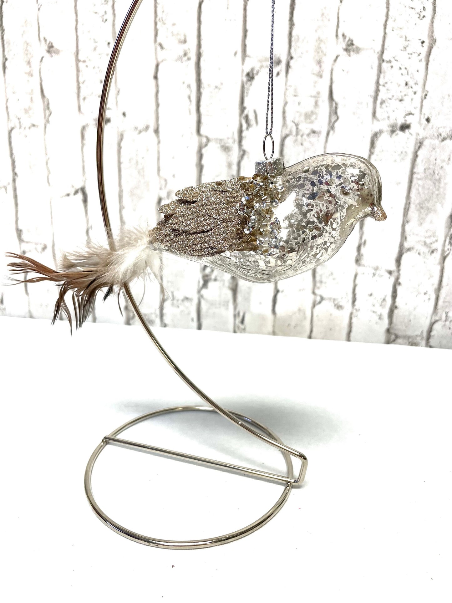 glass and feather bird wreath attachment, Christmas ornament, unique Christmas gift