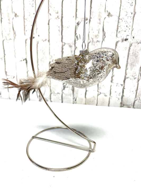 glass and feather bird wreath attachment, Christmas ornament, unique Christmas gift