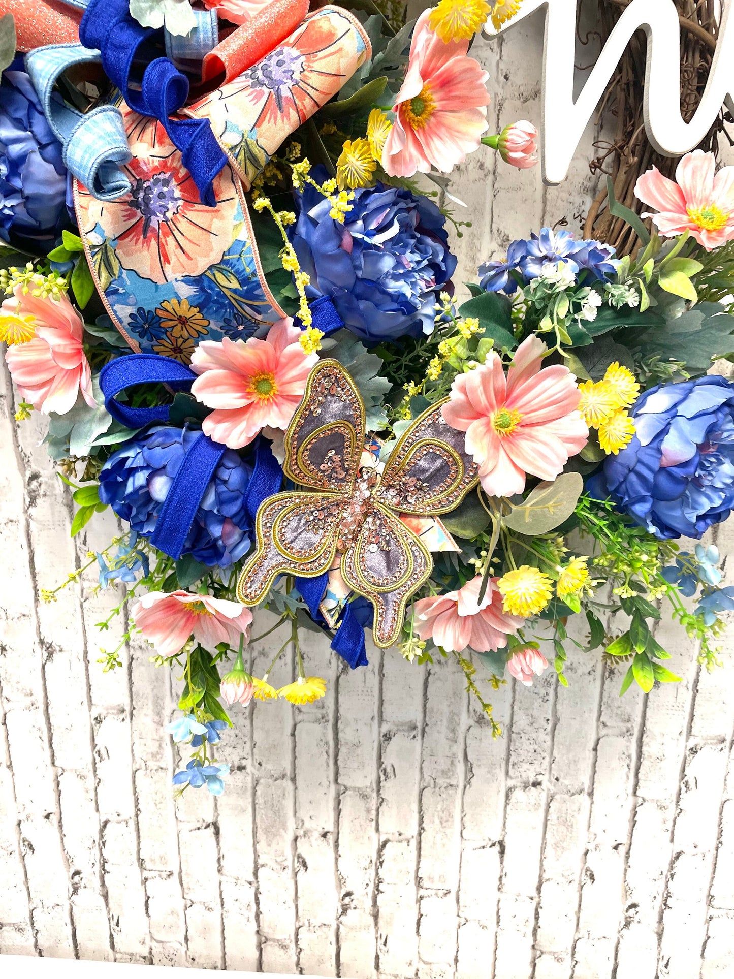 spring wreath, summer wreath, grapevine wreath, peach wreath, blue wreath, housewarming gift, butterfly wreath, shipping included