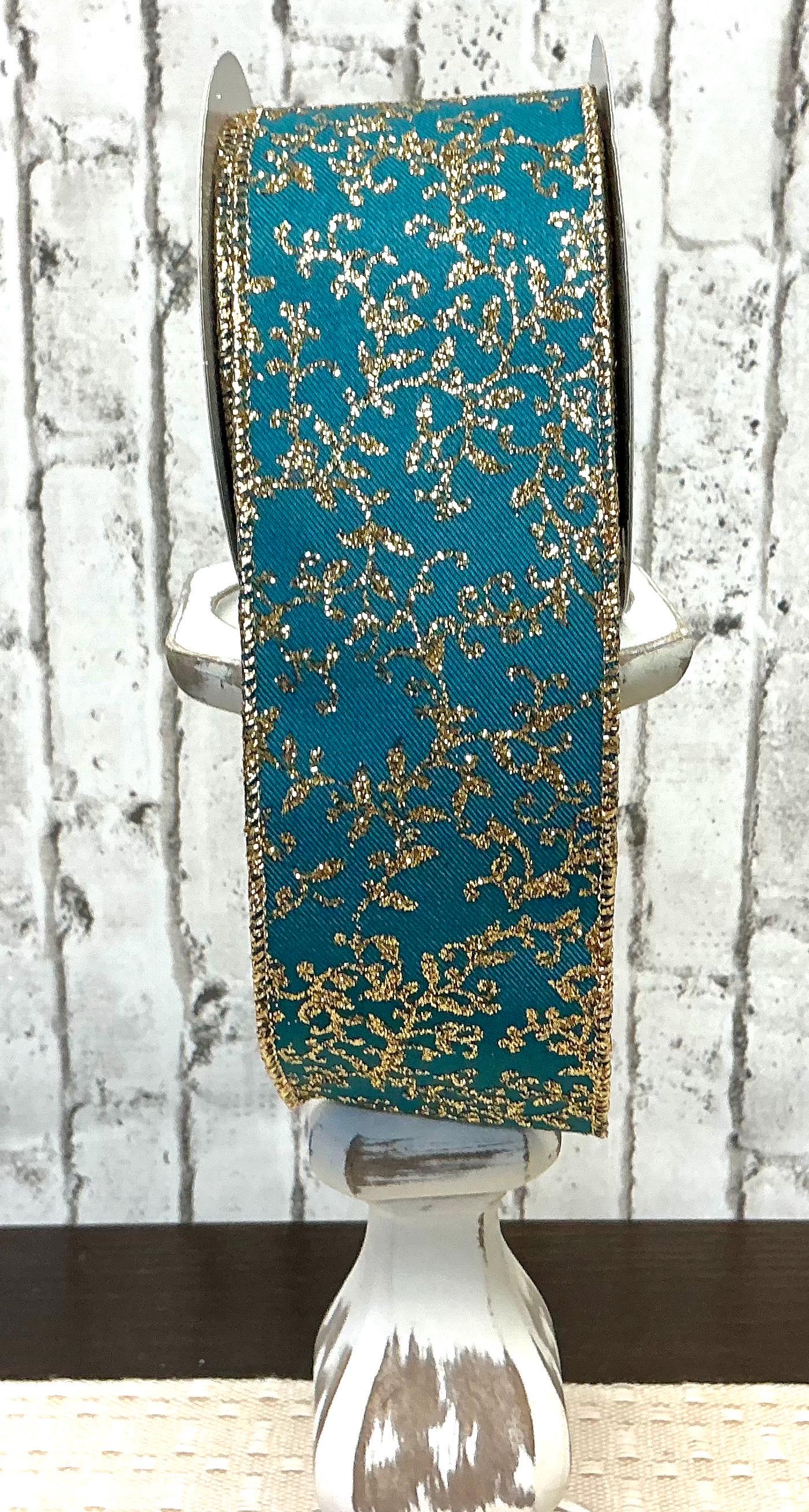 Teal and gold mini leaf vines ribbon, 2.5” x 10YD, Wired, RGF131371