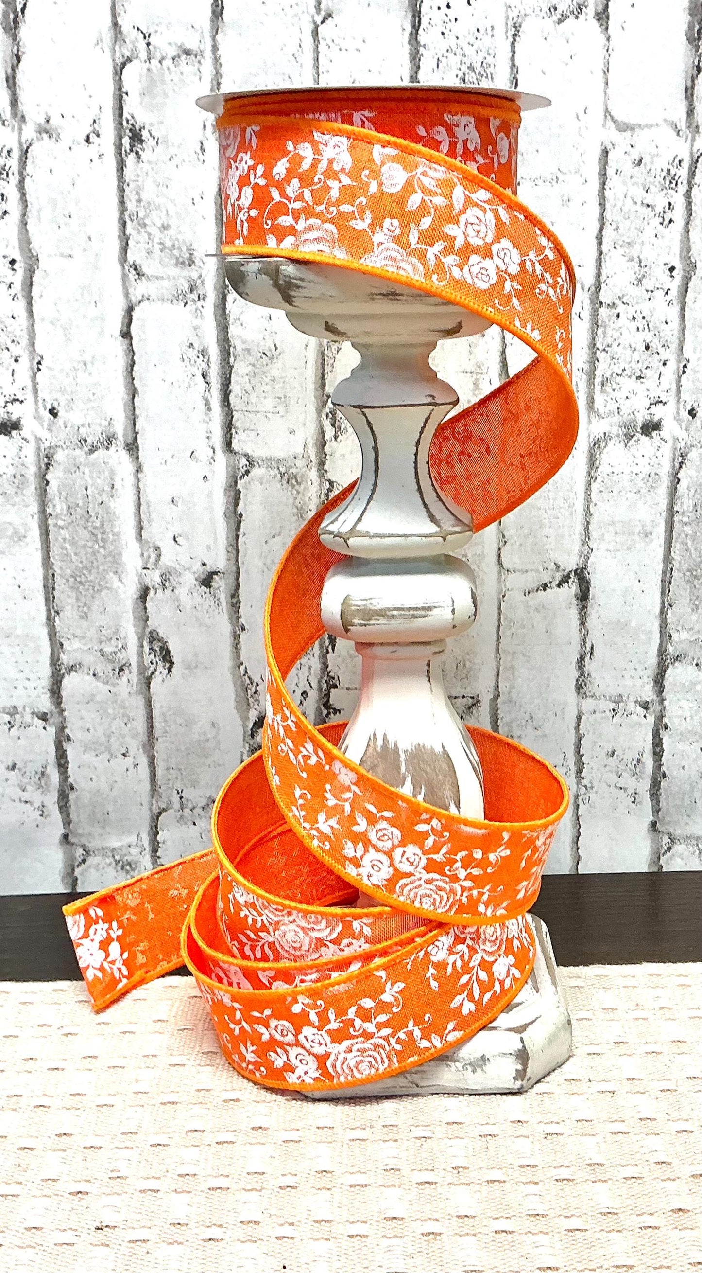 Orange ribbon with white roses, 1.5” x 10YD, Wired, RGC186020